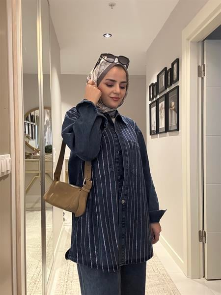 Taş Detaylı  Denim Gömlek İkili Takım Koyu Mavi