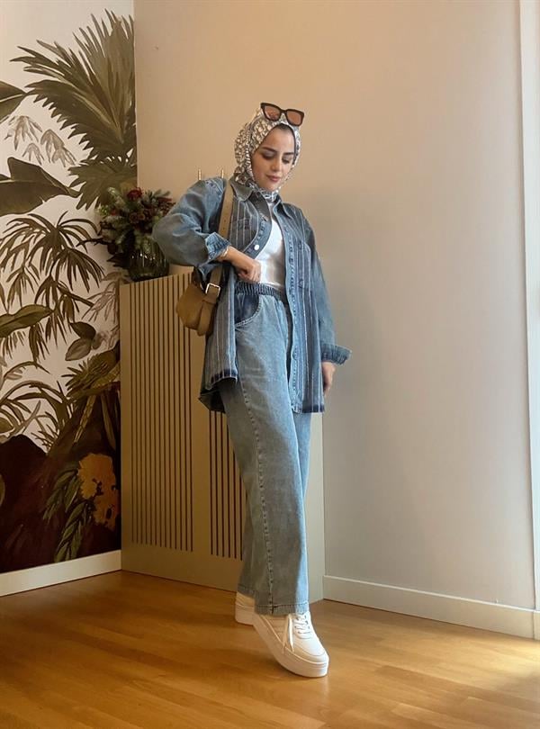 Taş Detaylı  Denim Gömlek İkili Takım Açık Mavi