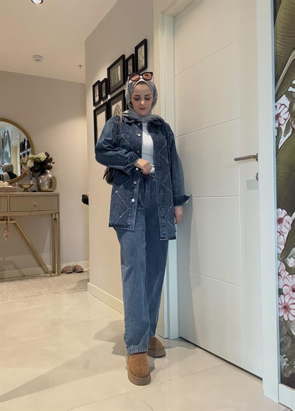 Baklava Taş Detaylı Denim Gömlek İkili Takım Koyu Mavi