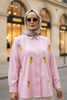 Çizgili Desen Poplin Ananas Nakışlı Gömlek Pembe