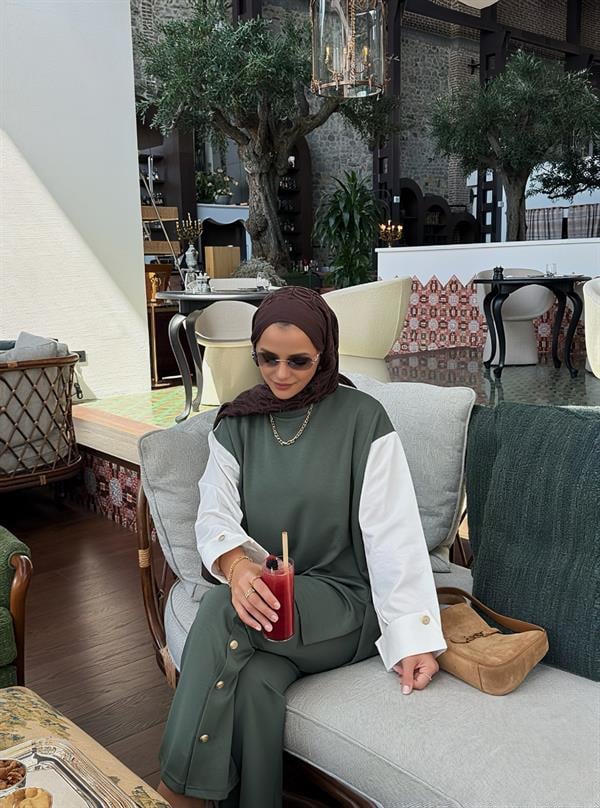 Melora Modal Kumaş Gömlek Detaylı Kadın Tesettür İkili Takım – Yeşil