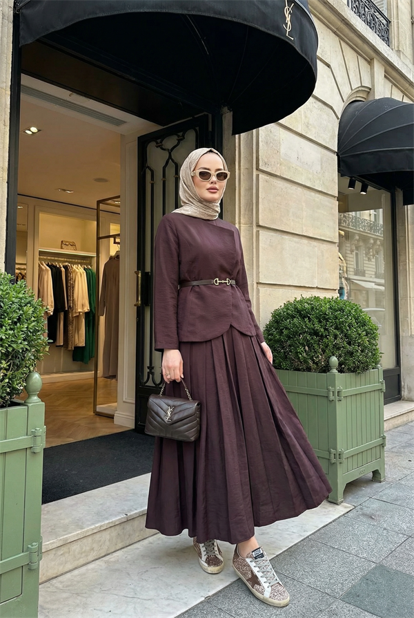 Kupra Kumaş Kemerli Ceket Etek Üçlü Takım – Bordo
