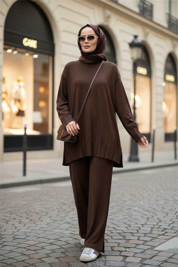 Alisa Pileli Premium Modal  Kumaş Tesettür İkili Takım – Kahve