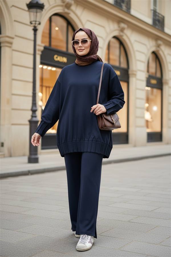 Alisa Pileli Premium Modal  Kumaş Tesettür İkili Takım– Lacivert