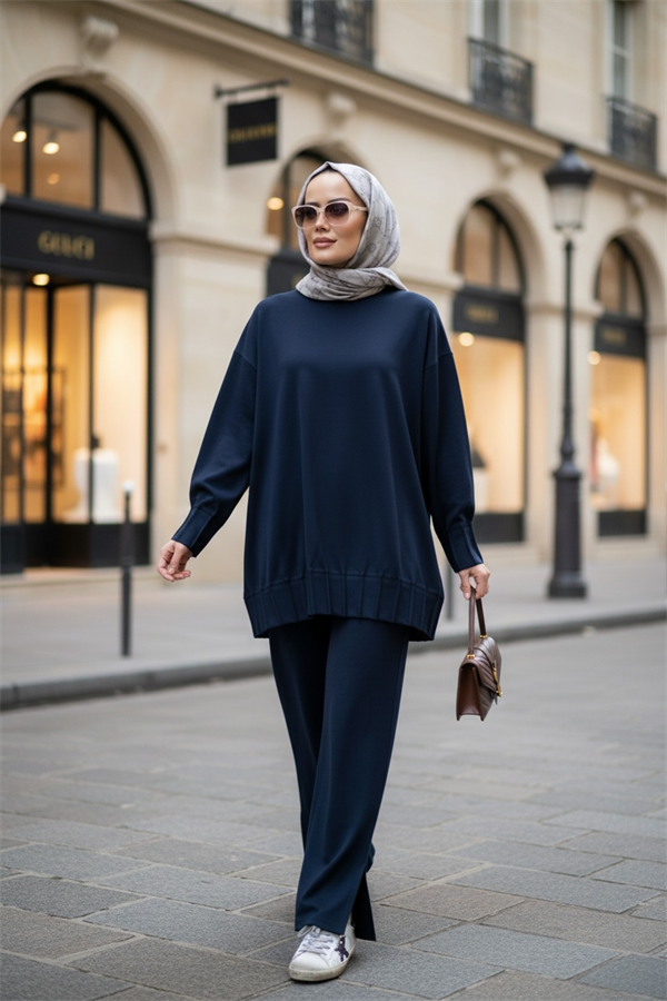 Alisa Pileli Premium Modal  Kumaş Tesettür İkili Takım– Lacivert