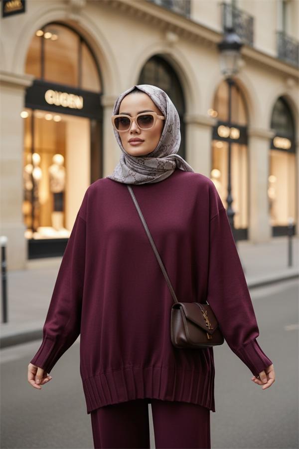 Alisa Pileli Premium Modal  Kumaş Tesettür İkili Takım – Bordo