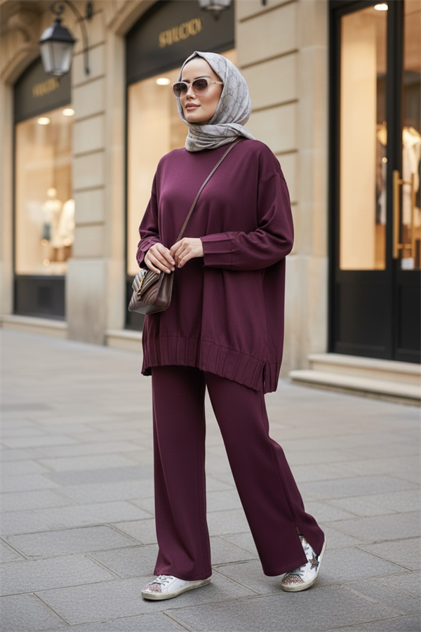 Alisa Pileli Premium Modal  Kumaş Tesettür İkili Takım – Bordo