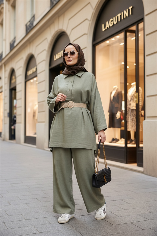 %100 Ham Keten Kimono Kol İkili Takım - Hasır Kemerli  Yeşil