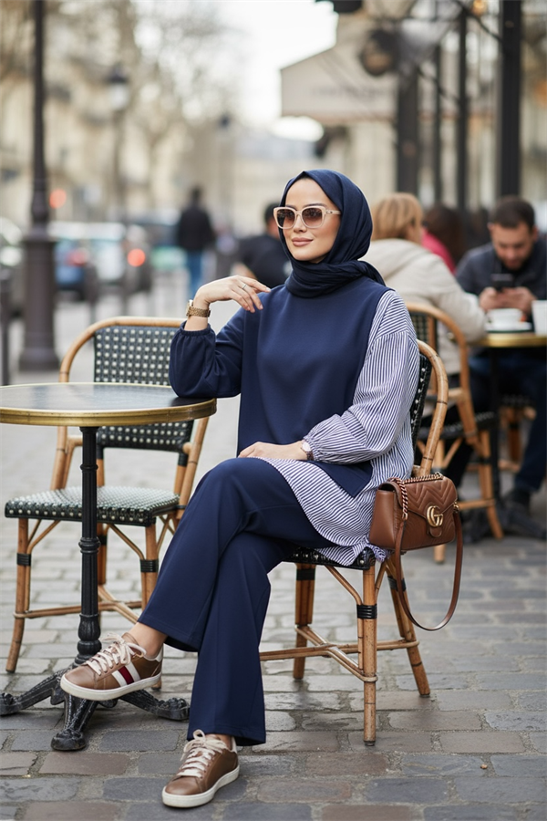 Çizgili Gömlek Detaylı Tunikli İkili Takım | Cepli Bol Paça ve Tunikli Lacivert