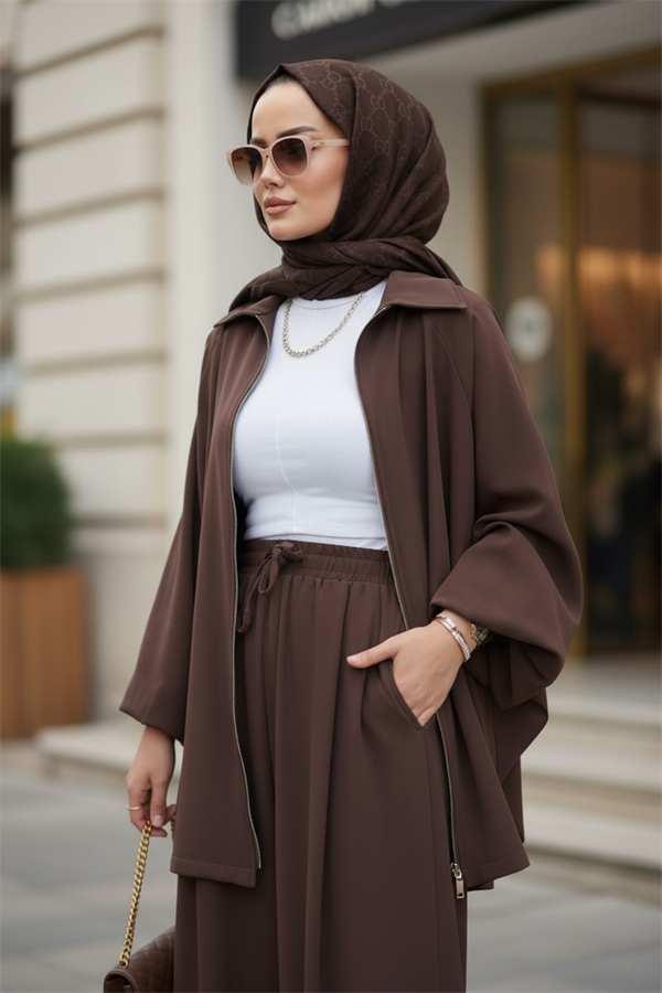 Eleganza Palazzo Fermuarlı İkili Takım – Mevsimlik -36-50 Beden Acıkahve