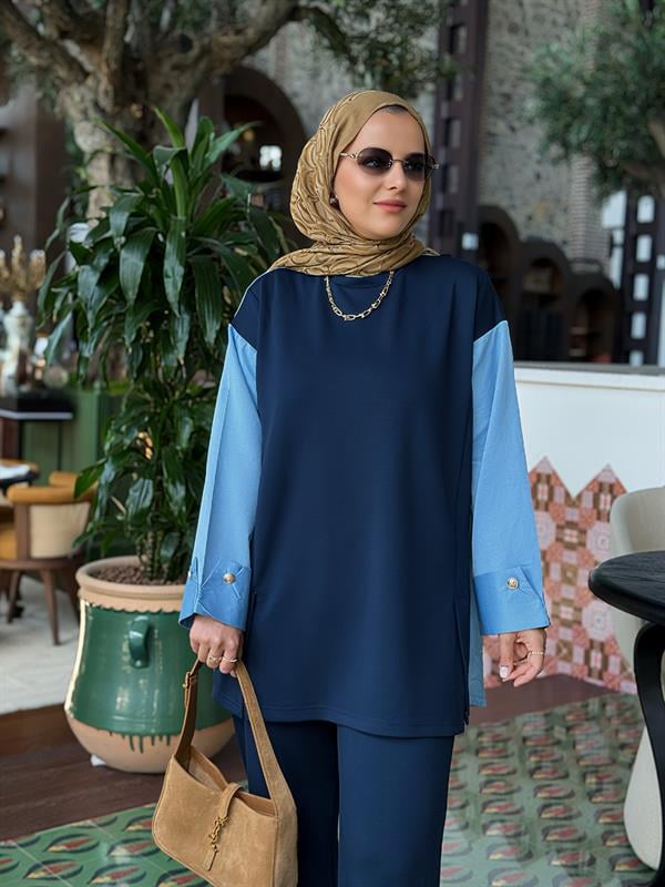 Melora Modal Kumaş Gömlek Detaylı Kadın Tesettür İkili Takım – Lacivert