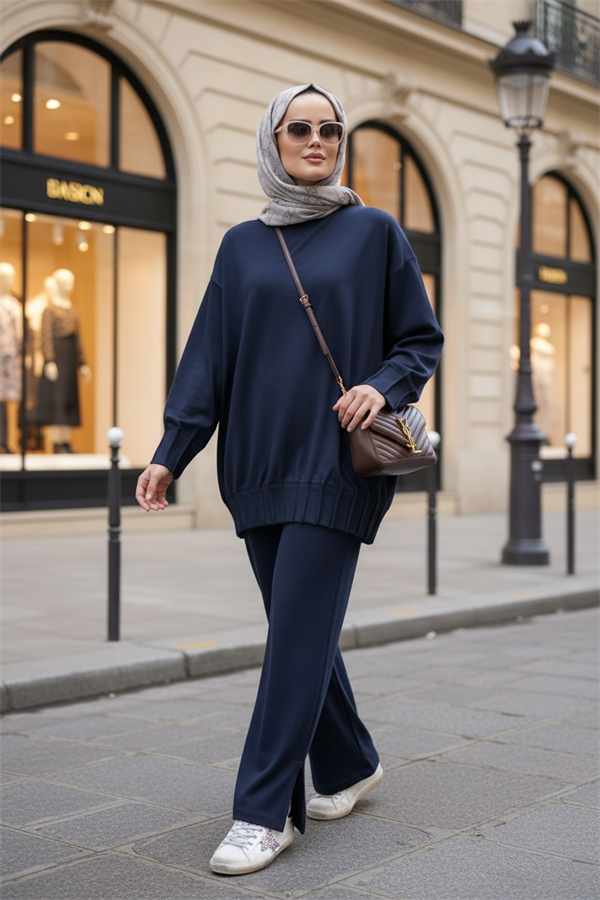 Alisa Pileli Premium Modal  Kumaş Tesettür İkili Takım– Lacivert