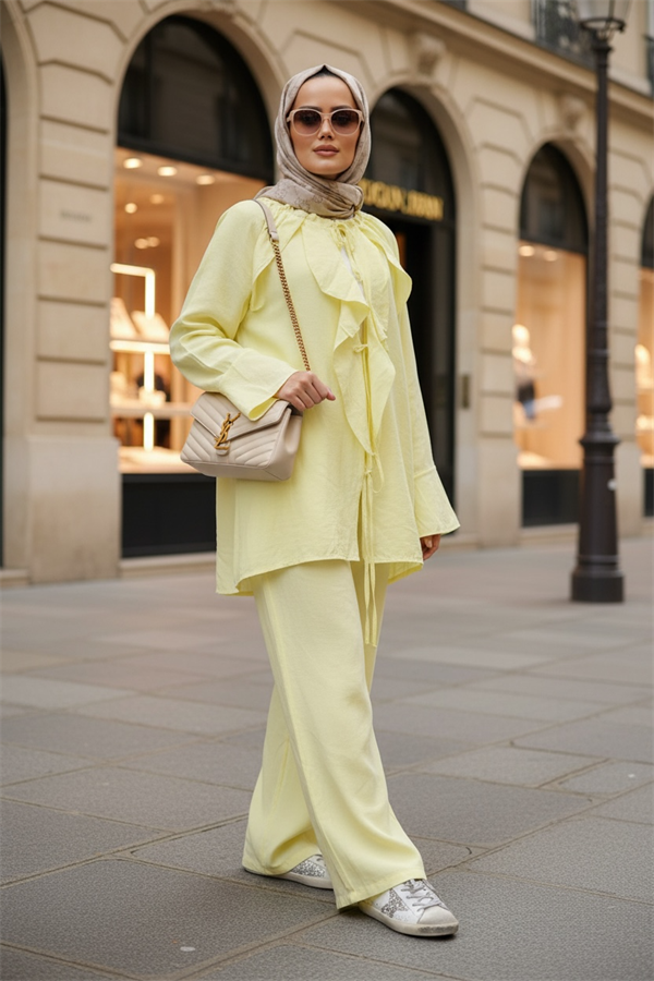 Fırfırlı Pamuklu Kimono Takım – Yazlık Dökümlü İkili Takım Sarı