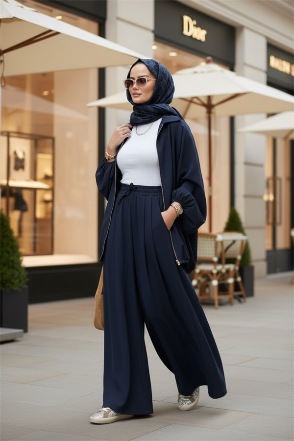 Eleganza Palazzo Fermuarlı İkili Takım – Mevsimlik -36-50 Beden Lacivert