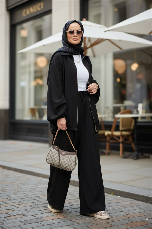 Eleganza Palazzo Fermuarlı İkili Takım – Mevsimlik -36-50 Beden Siyah