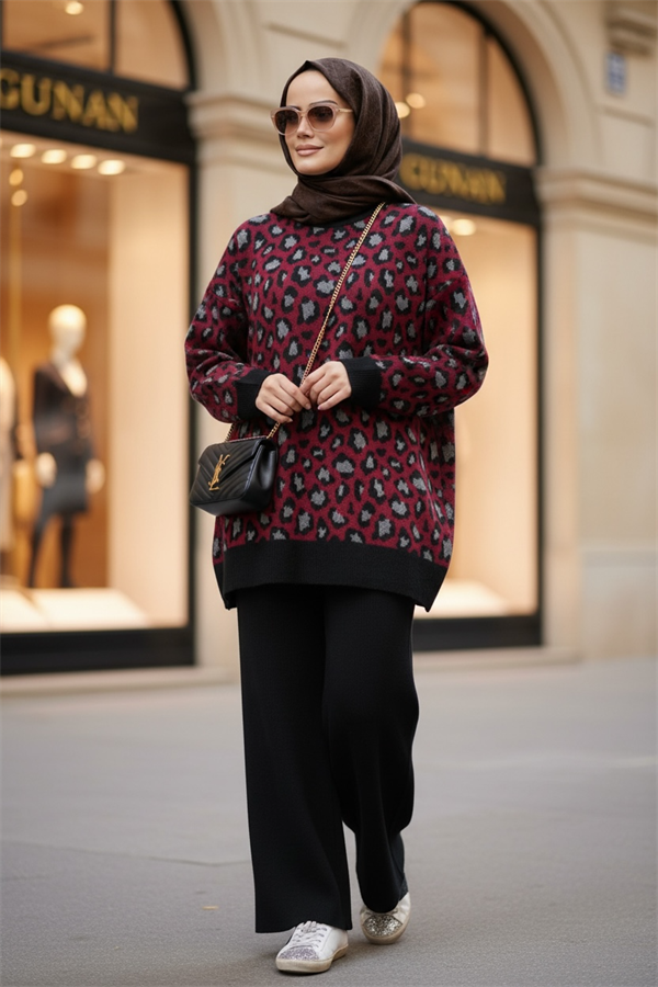 Leopar  Desenli Triko Takım Bordo