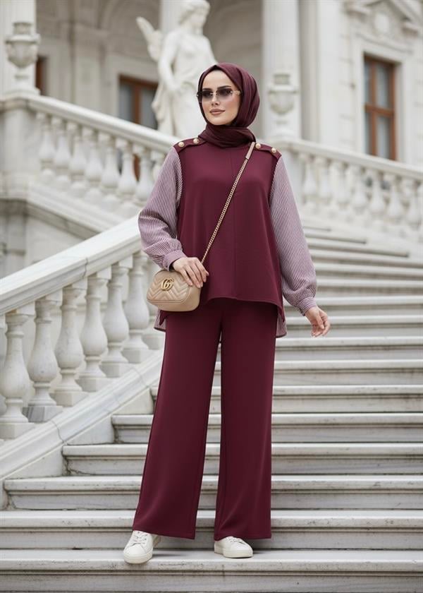 Maribel  İkili TesettürTakım – Çizgili Gömlek Detaylı Bordo