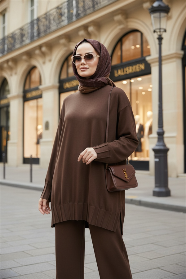 Alisa Pileli Premium Modal  Kumaş Tesettür İkili Takım – Kahve