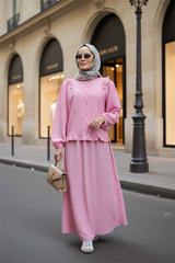 Çilek Kumaş Pamuklu Fırfırlı Gömlek Etekli Takım – Pembe