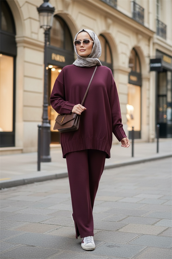 Alisa Pileli Premium Modal  Kumaş Tesettür İkili Takım – Bordo