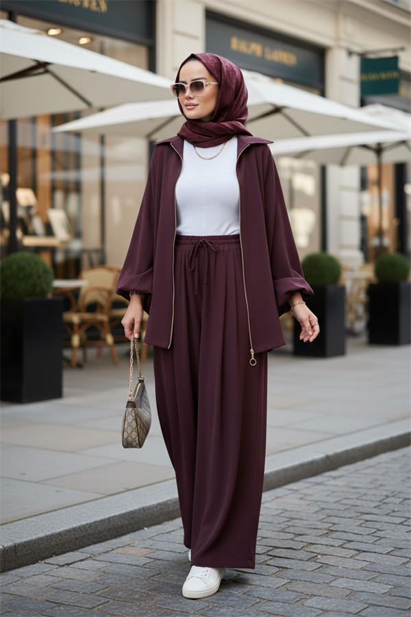 Eleganza Palazzo Fermuarlı İkili Takım – Mevsimlik -36-50 Beden Bordo
