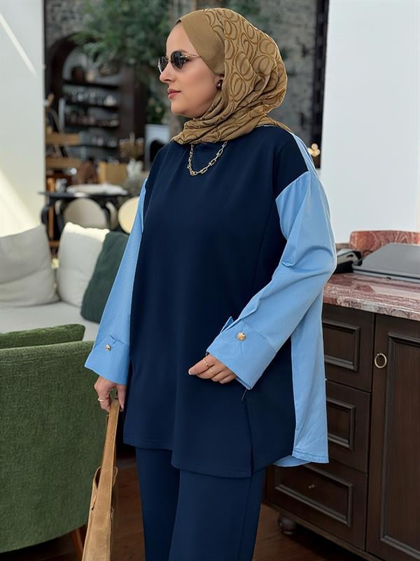 Melora Modal Kumaş Gömlek Detaylı Kadın Tesettür İkili Takım – Lacivert