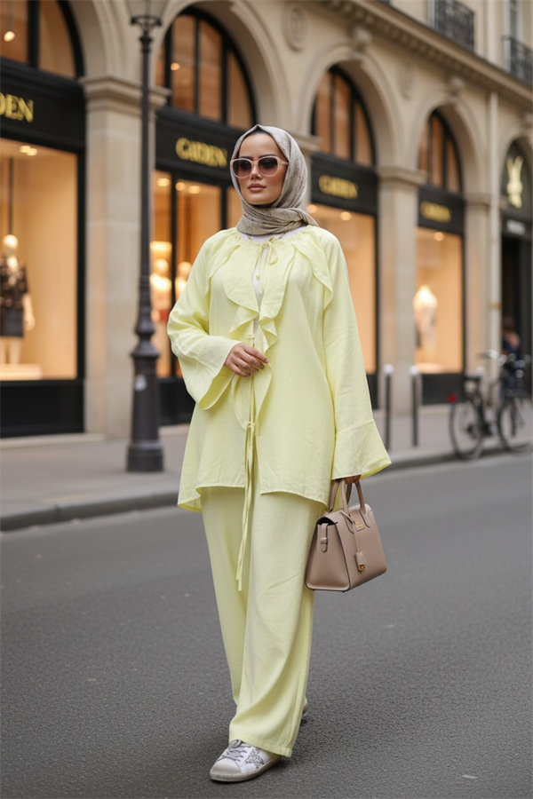 Fırfırlı Pamuklu Kimono Takım – Yazlık Dökümlü İkili Takım Sarı