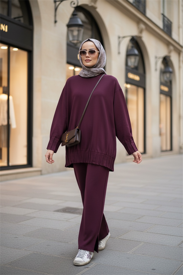 Alisa Pileli Premium Modal  Kumaş Tesettür İkili Takım – Bordo