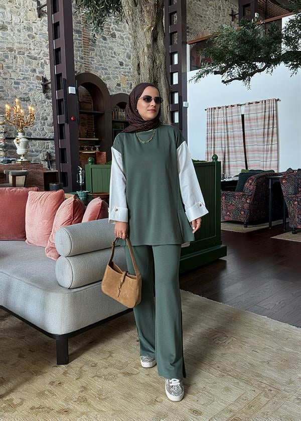 Melora Modal Kumaş Gömlek Detaylı Kadın Tesettür İkili Takım – Yeşil