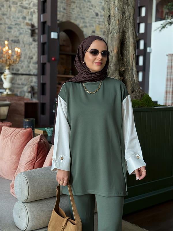 Melora Modal Kumaş Gömlek Detaylı Kadın Tesettür İkili Takım – Yeşil