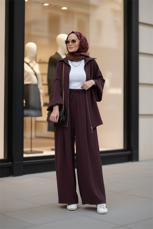 Eleganza Palazzo Fermuarlı İkili Takım – Mevsimlik -36-50 Beden Bordo