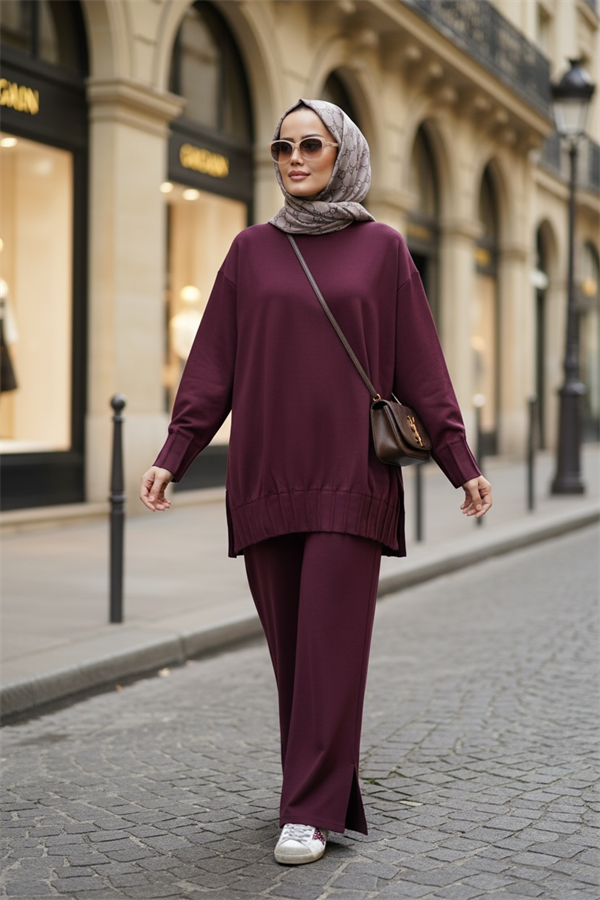 Alisa Pileli Premium Modal  Kumaş Tesettür İkili Takım – Bordo
