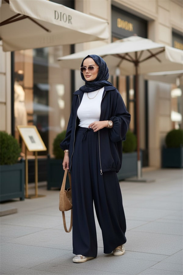 Eleganza Palazzo Fermuarlı İkili Takım – Mevsimlik -36-50 Beden Lacivert
