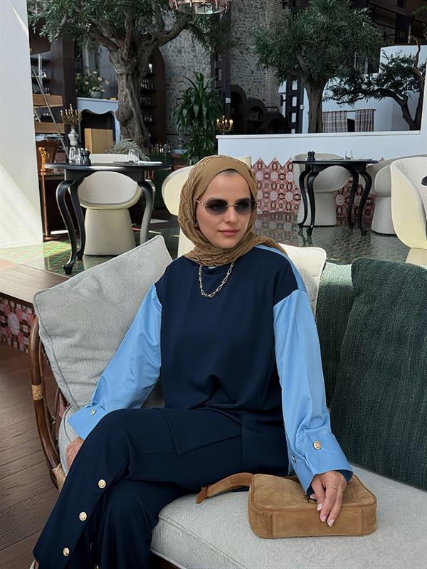 Melora Modal Kumaş Gömlek Detaylı Kadın Tesettür İkili Takım – Lacivert