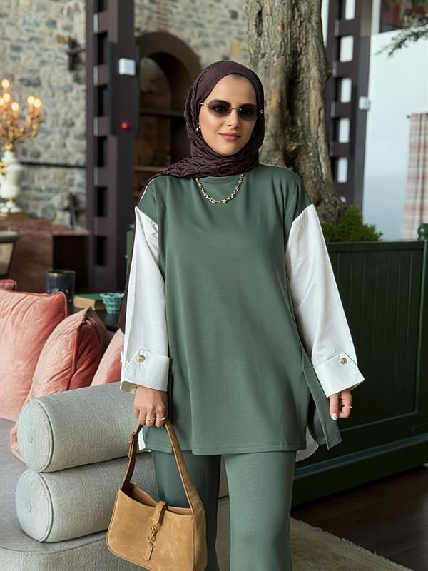 Melora Modal Kumaş Gömlek Detaylı Kadın Tesettür İkili Takım – Yeşil