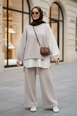 Women's Modest Two-Piece Set Line Shirt Beige
