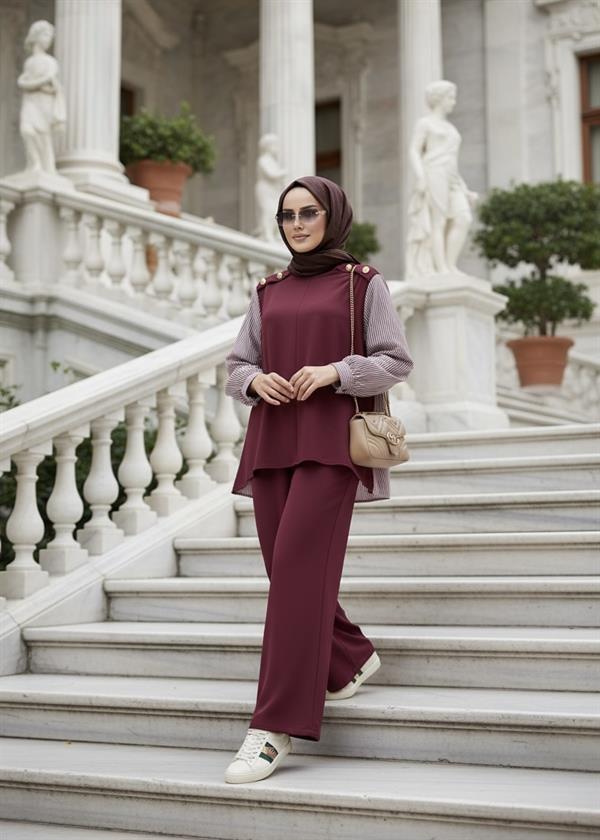 Maribel  İkili TesettürTakım – Çizgili Gömlek Detaylı Bordo