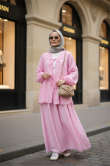 Pamuk Vual Kimono Etekli Takım | Astarlı  | 36-44 Beden Pembe
