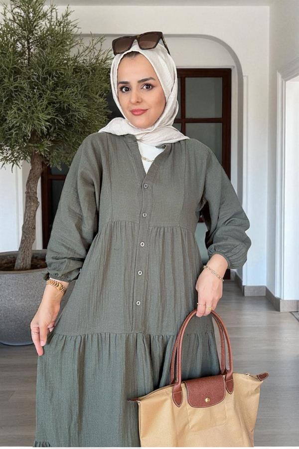 Düğmeli Roba Kesim 4 Katlı Müslin Elbise – %100 Pamuk Yazlık Model (36-52 Beden ) Yeşil