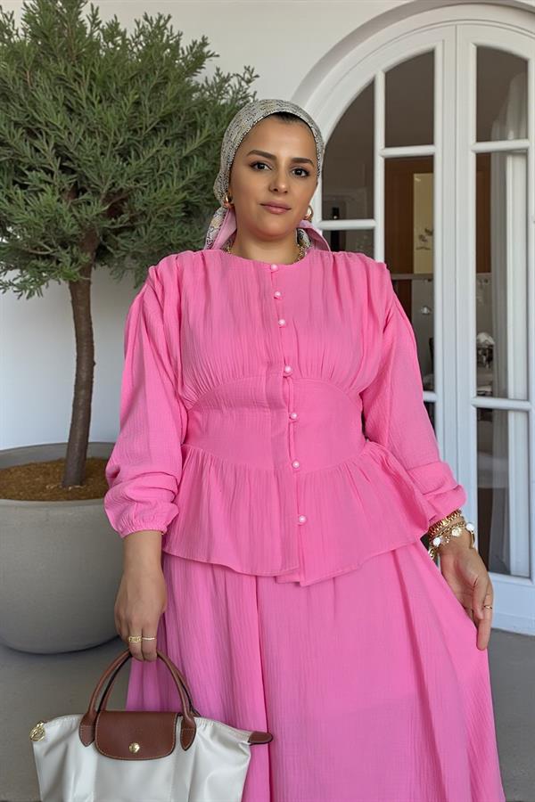 4 Katlı Müslin Etekli Takım | Kuşaklı Yazlık Pamuk Takım | 36-42 Beden Pembe