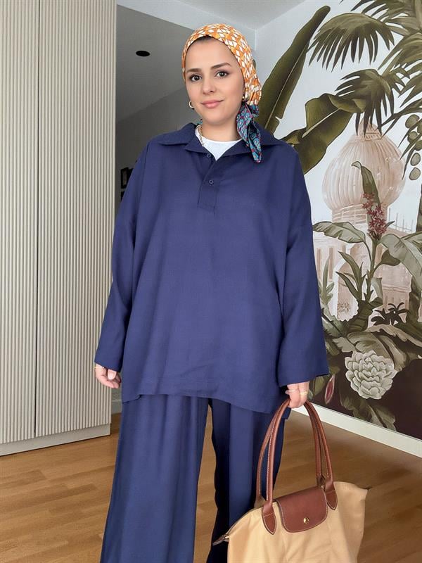 %100 Ham Keten Kimono Kol İkili Takım - Hasır Kemerli  Lacivert