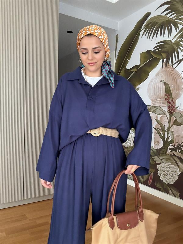 %100 Ham Keten Kimono Kol İkili Takım - Hasır Kemerli  Lacivert