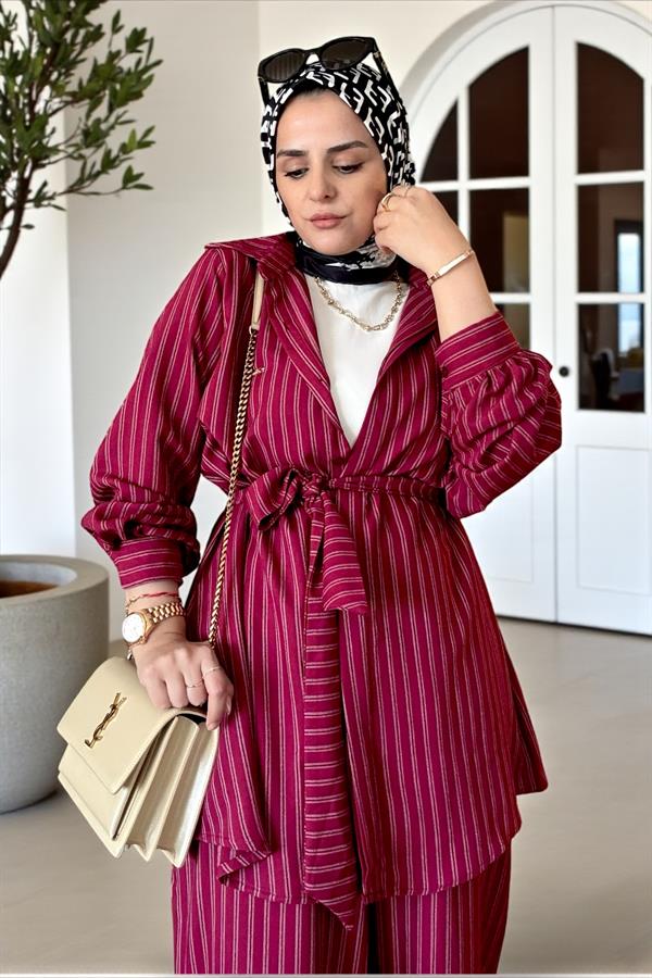Çizgili Kuşaklı Pamuklu Gömlek Takım Bordo