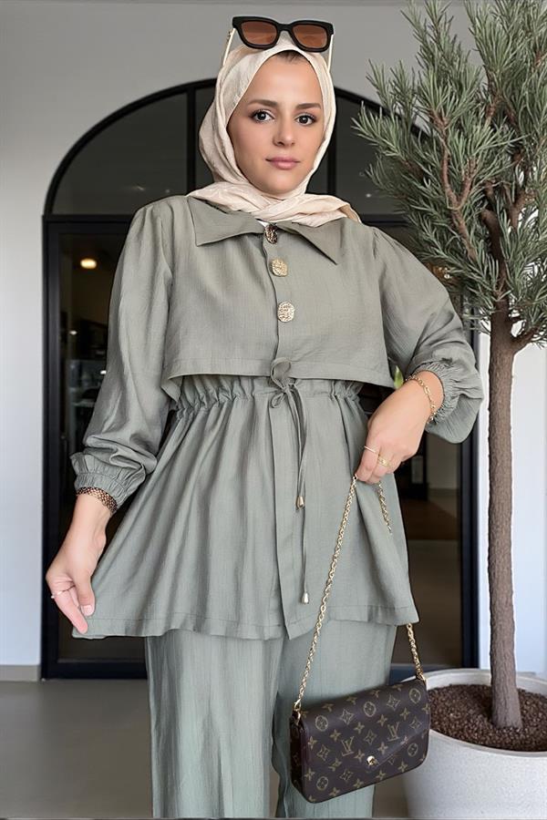 Kadın Tesettür İkili Takım – Çilek Kumaş Yazlık Düğmeli Tunik ve Pantolon Yeşil