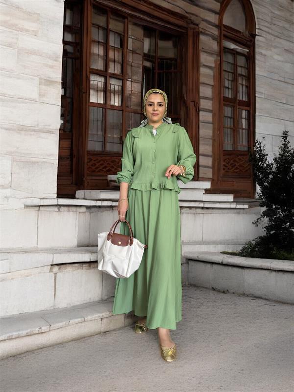 Çilek Kumaş Pamuklu Fırfırlı Gömlek Etekli Takım – Yeşil