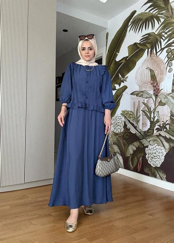 Pamuklu Fırfır Detay Yazlık Etekli Takım – Lacivert