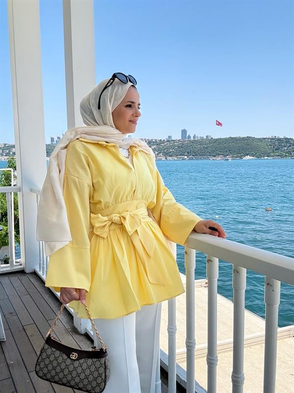 Poplin Kimono Gömlek – Belden Kuşaklı, Düğmeli Sarı
