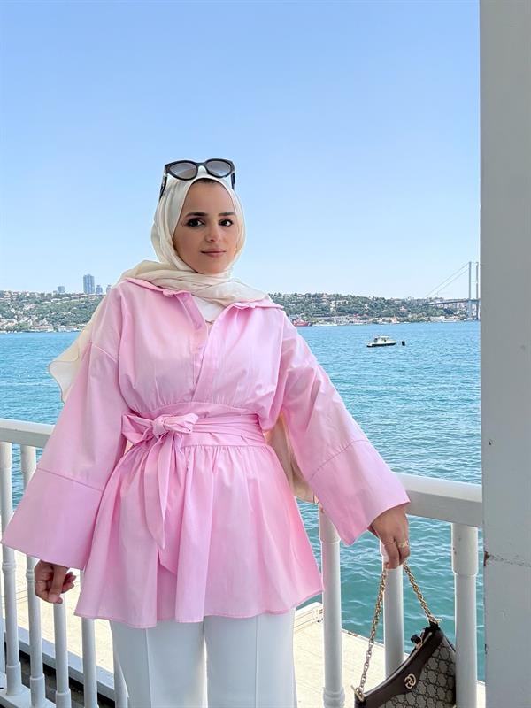 Poplin Kimono Gömlek – Belden Kuşaklı, Düğmeli Pembe