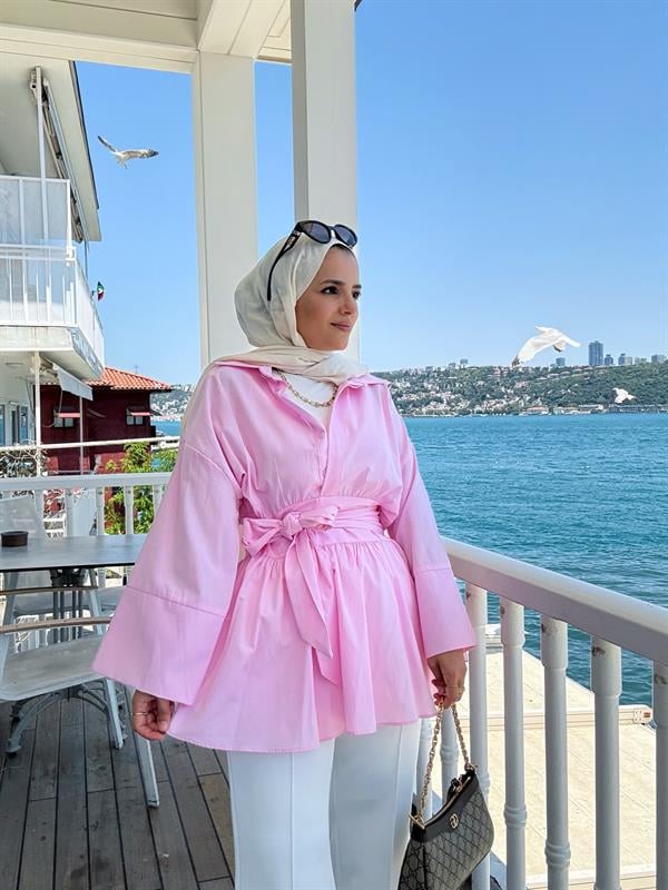 Poplin Kimono Gömlek – Belden Kuşaklı, Düğmeli Pembe