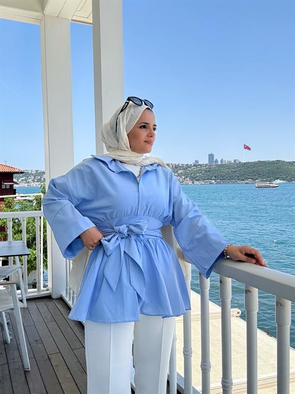 Poplin Kimono Gömlek – Belden Kuşaklı, Düğmeli Mavi